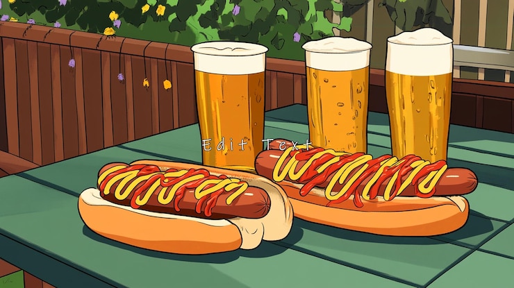 PSD two hot dogs with mustard and ketchup three glasses of beer on a garden table