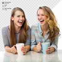 PSD two joyful women laughing and sharing coffee together