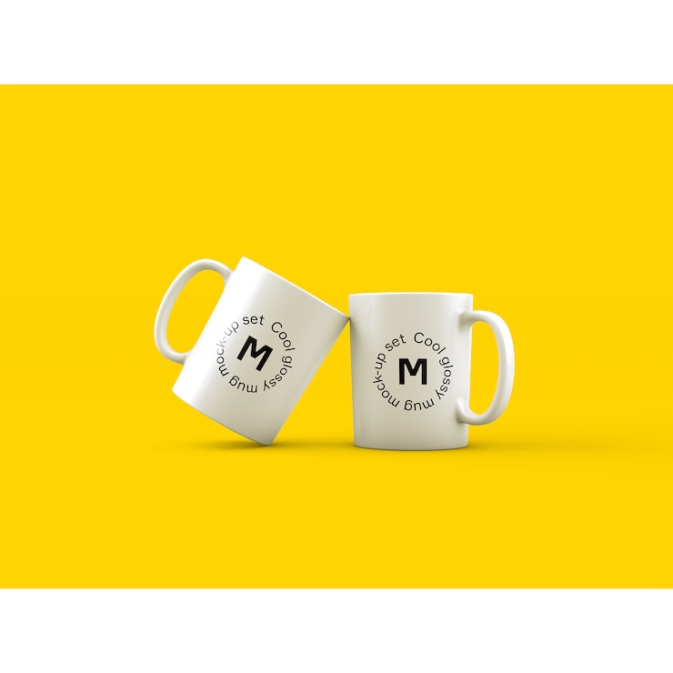PSD two mugs on yellow background mock up