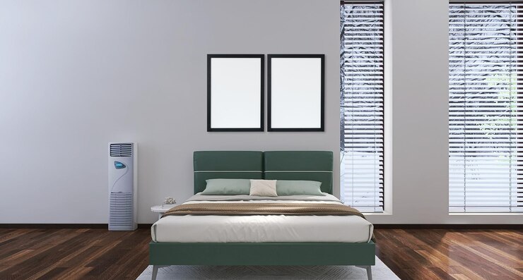 PSD two photo frame mockup in modern bedroom interior design with bed, windows, curtains, white wall