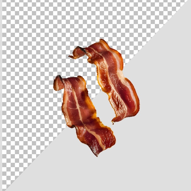 two pieces of bacon floating on a transparent background