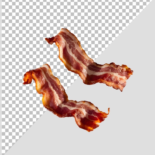 two pieces of bacon floating on a transparent background