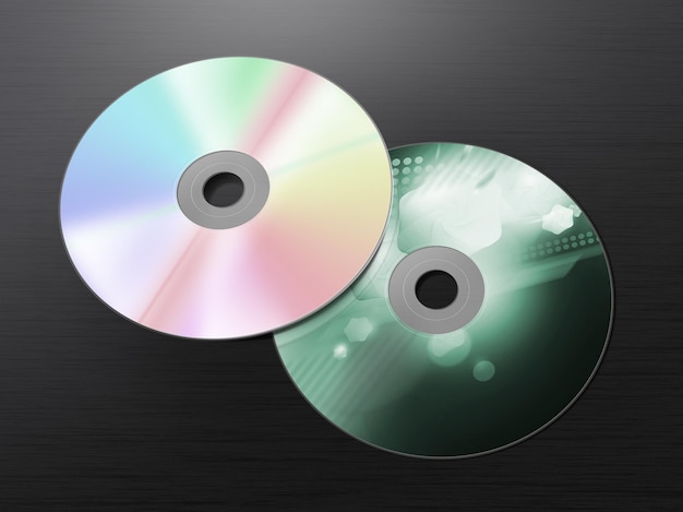 Two shiny CDs on a black surface