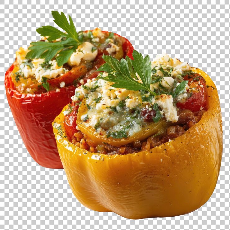 PSD two stuffed bell peppers with meat and feta cheese on transparent background