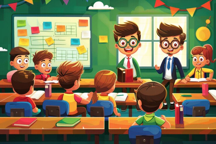 PSD two teachers smiling while lecturing a group of students in a classroom