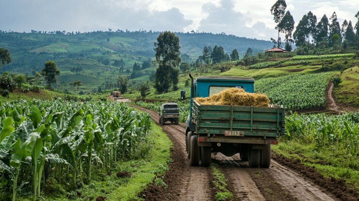 PSD two trucks on a rural road through lush green hills and fields carrying hay