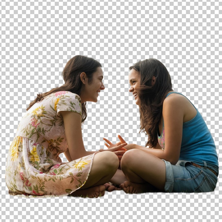 PSD two women sit on the ground one of them is wearing a floral dress