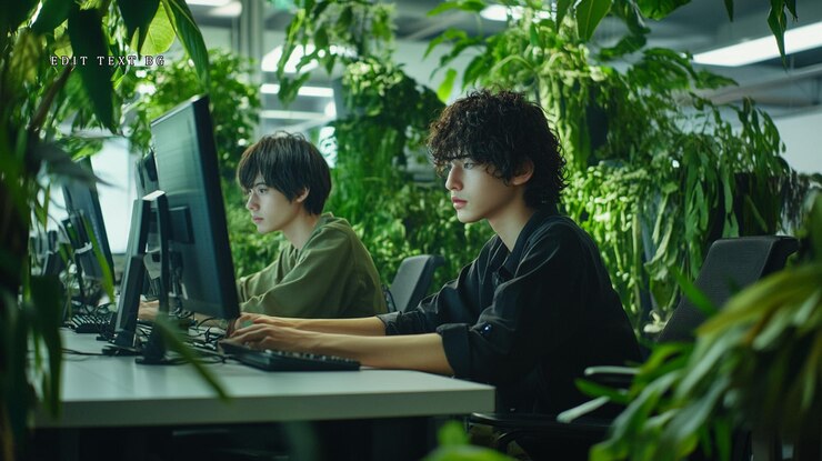 PSD two young men work on computers in a lush green office