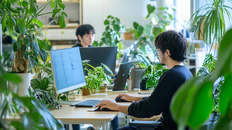 PSD two young men work on computers in a plantfilled office
