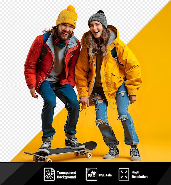 PSD two young people feeling excited while riding a skateboard in front of a yellow wall the man on the left wears a red jacket and blue jeans while the man on the right wears png
