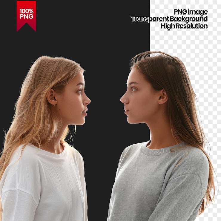PSD two young women facing each other transparent background