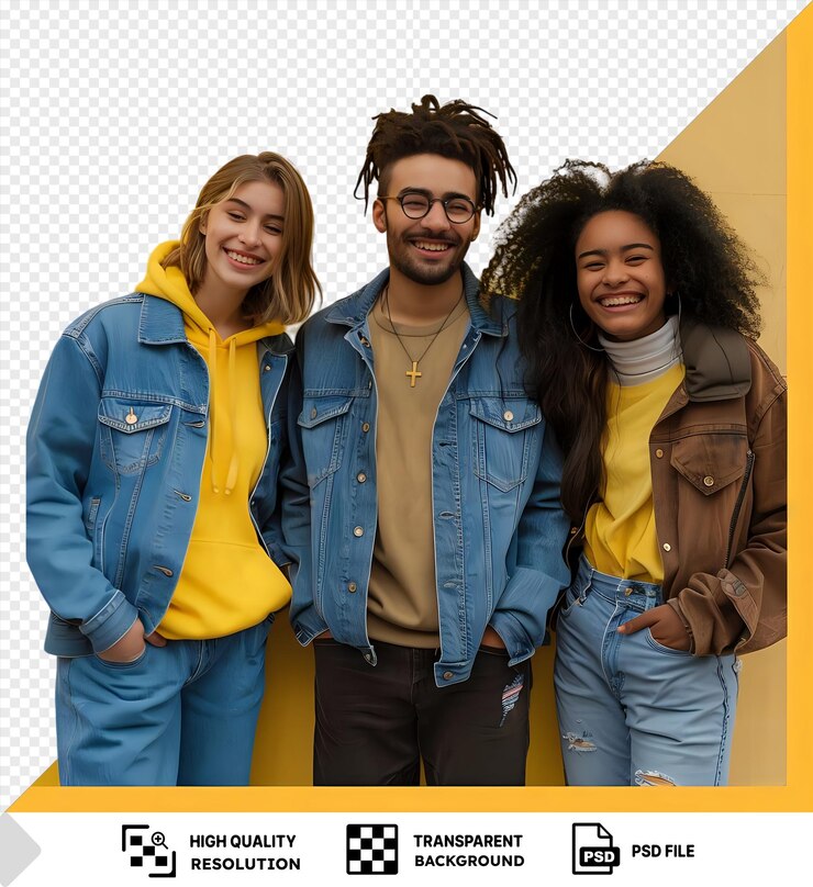 PSD un type et deux filles rient en marchant dans la rue devant un mur jaune png psd