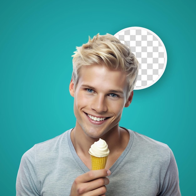 PSD un type tenant un bâton de crème glacée dans sa main près de son visage en le regardant avec l'envie de le manger