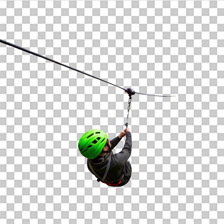 PSD une tyrolienne 3d transparente faisant la course à travers une forêt avec un casque vert visible au premier plan