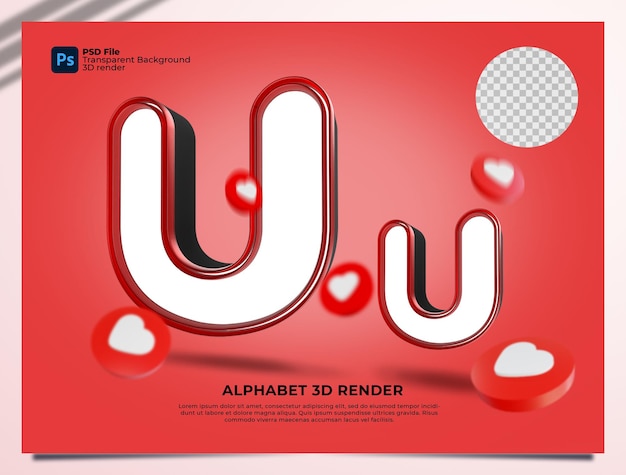 PSD u alphabet 3d render couleur rouge avec des éléments