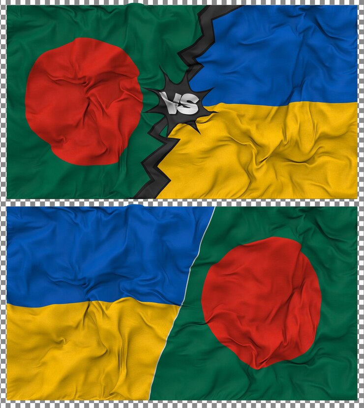 PSD ucrania contra bangladesh media bandera combinada con textura 3d de la tela de la bandera