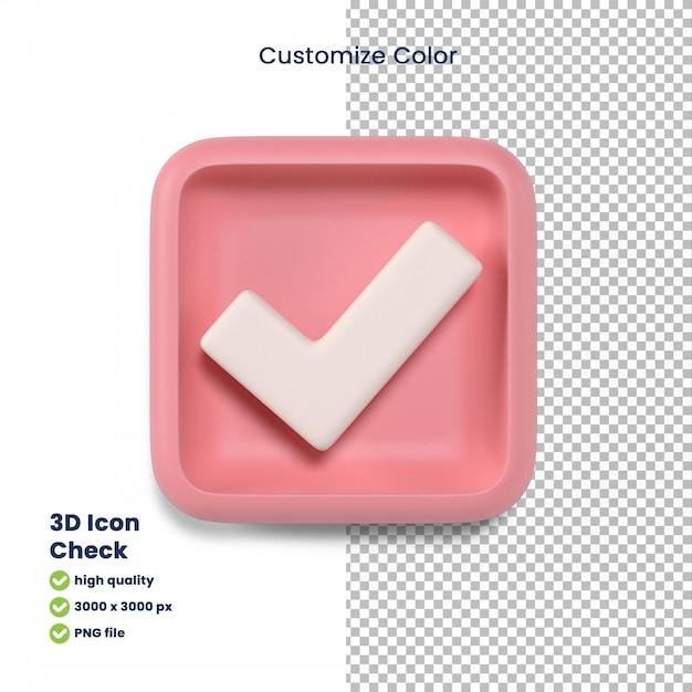 PSD Überprüfen sie das zeichen- oder symbolsymbol 3d-rendering mit angepasster farbe