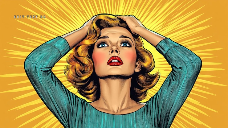 PSD überraschende frau mit händen auf dem kopf im pop-art-stil