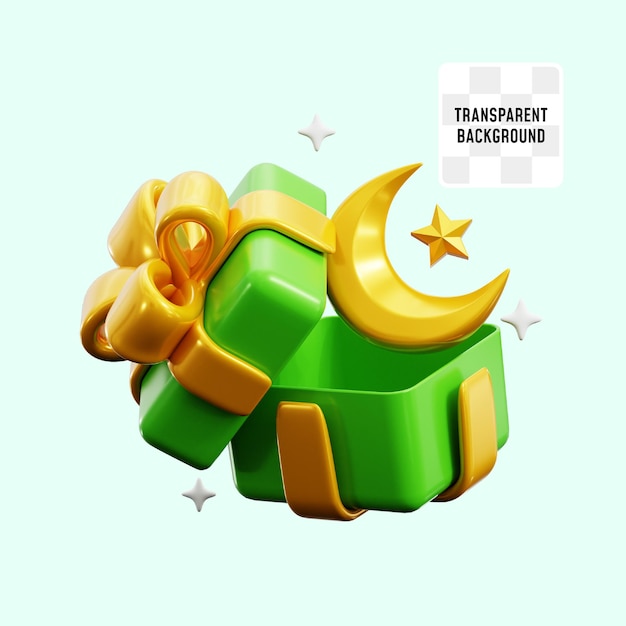 PSD Überraschungsgeschenk zum ramadan-festival mit halbmond im inneren offene belohnungsbox 3d-icon-illustration rendering-design