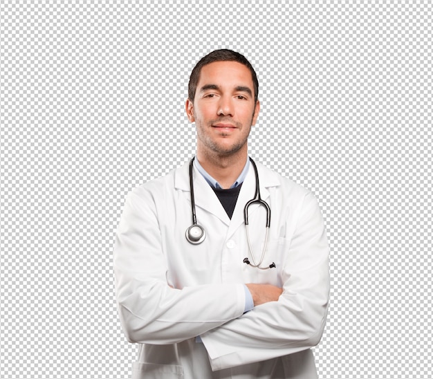 Überzeugter Doktor gegen weißen Hintergrund