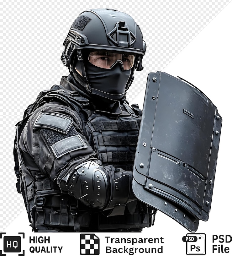 PSD ufficiale delle forze speciali in piena attrezzatura che tiene uno scudo isolato su uno sfondo trasparente