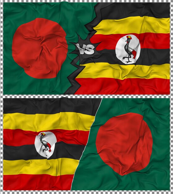 Uganda contra Bangladesh Media bandera combinada Construcción de la tela de la bandera en 3D