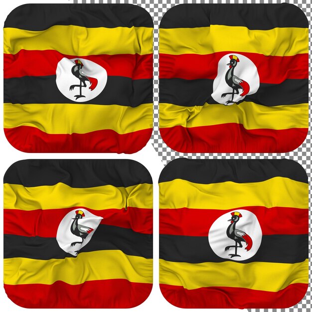 PSD uganda-flagge, knappenform, isoliert, unterschiedlicher wehender stil, bump-textur, 3d-rendering