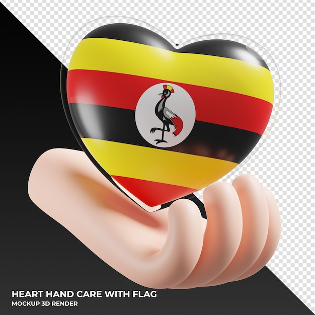 Uganda-flagge mit herzhandpflege realistisch 3d texturiert