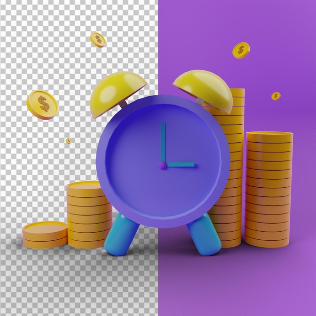Uhr mit Münzen 3D-Rendering
