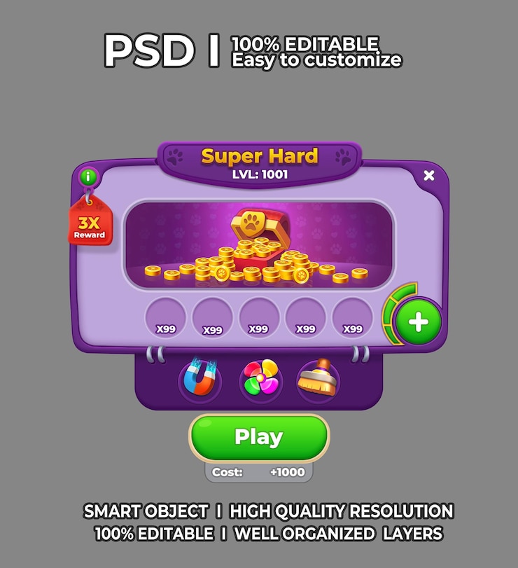 PSD ui de juego popup ui de juego psd juego ui ventana de desafío nivel duro juego ui juego casual ui juego popup