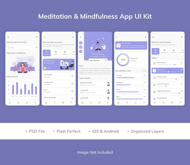 UI Kit aplikace Meditace Všímavost