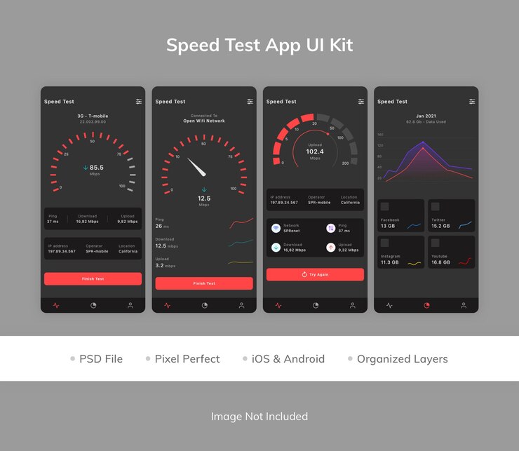 PSD ui kit aplikasi tes kecepatan