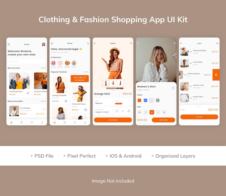 PSD ui-kit für die bekleidungs- und fashion-shopping-app