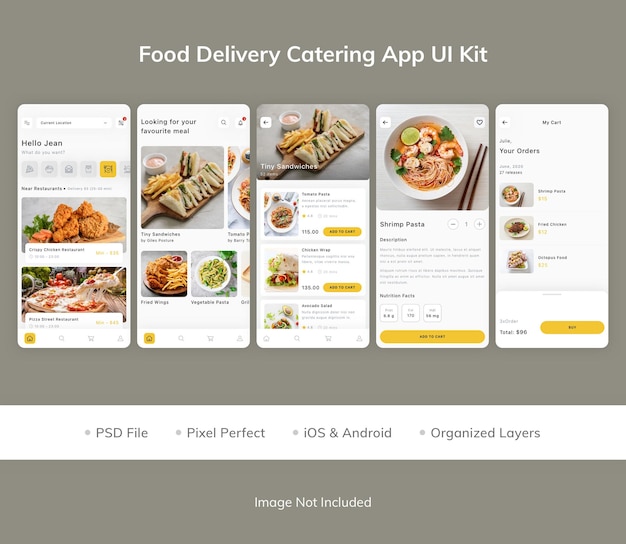 PSD ui-kit für die catering-app für essenslieferungen