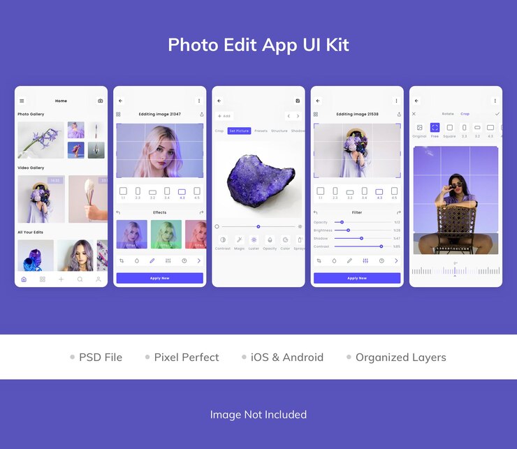 PSD ui-kit für die fotobearbeitungs-app
