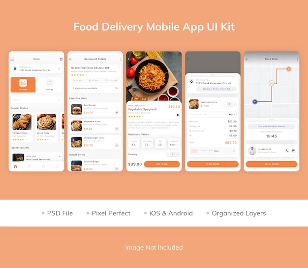 PSD ui-kit für die mobile app für lebensmittellieferungen