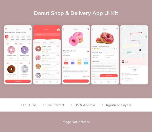 PSD ui-kit für donut-shop und liefer-app