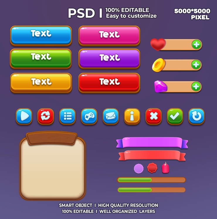 PSD ui kit jogo elementos de jogo botão de ui jogo casual ui kit gráficos de jogo interface de usuário 2d