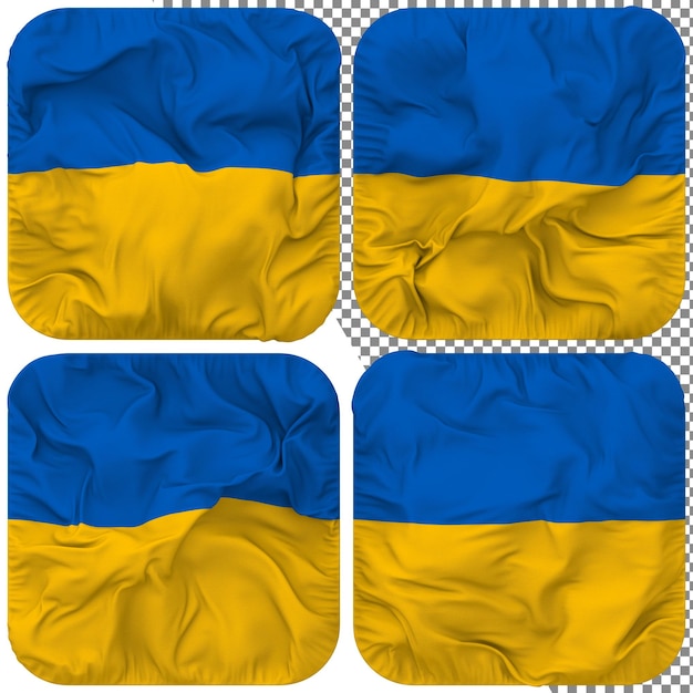 PSD ukraine-flagge, knappenform, isoliert, unterschiedlicher wehender stil, bump-textur, 3d-rendering