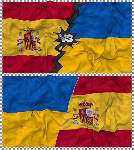 Ukraine gegen Spanien Halbkombinierte Flagge Stoff-Bump-Textur 3D-Rendering