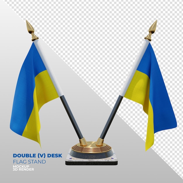 PSD ukraine realistischer 3d-texturierter doppelschreibtisch-flaggenständer für die komposition