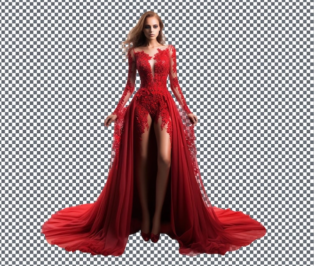 Último vestido de noiva vermelho de mangas longas isolado em fundo transparente