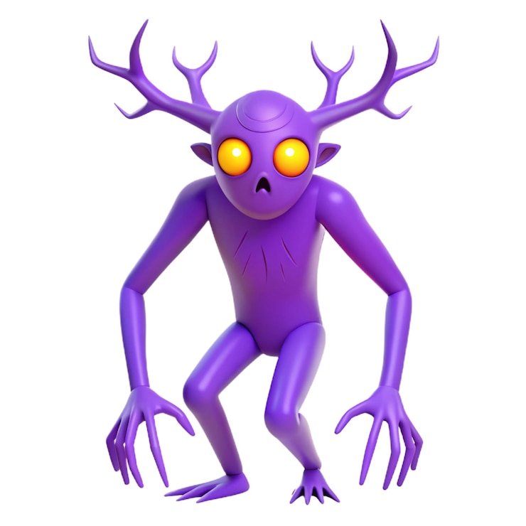 PSD um alienígena roxo com olhos amarelos e chifres é mostrado
