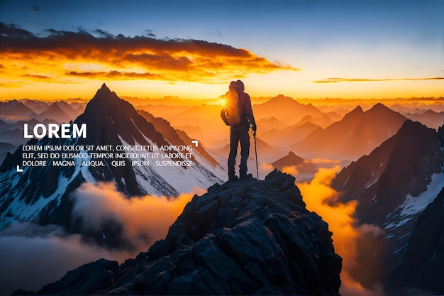 Um alpinista em pé no topo de um majestoso pico de montanha