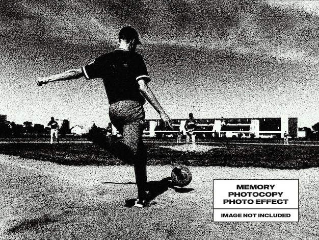 PSD um anúncio de efeito fotográfico em preto e branco com um menino chutando uma bola de futebol.