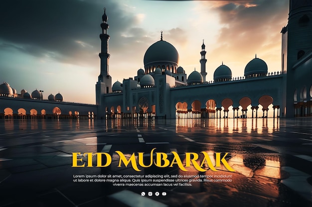 Um anúncio do eid mubarak com a imagem de uma mesquita ao fundo.