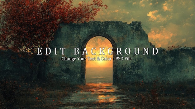 Um arco de pedra em uma parede em ruínas enquadra um pôr-do-sol oferecendo uma passagem para um horizonte misterioso
