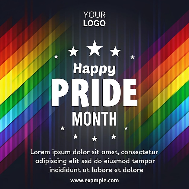Um arco-íris colorido com as palavras Feliz Mês do Orgulho escritas abaixo dele