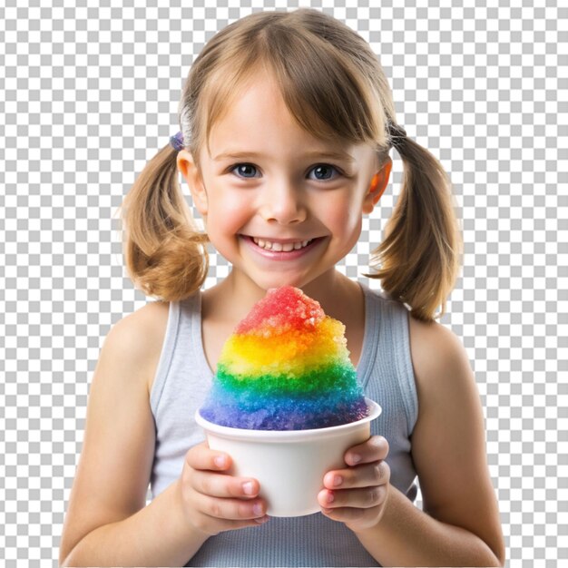 PSD um arco-íris de gelo raspado segura uma menina bonita