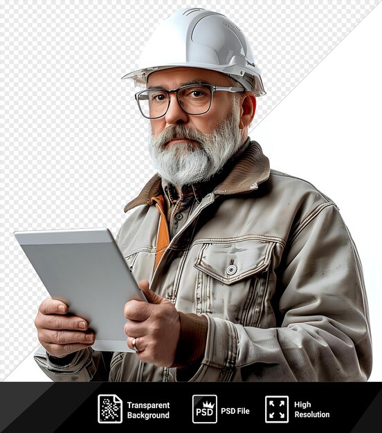 PSD um arquiteto ou engenheiro de meia-idade segurando um tablet usando uma jaqueta marrom, chapéu branco e cinza e óculos pretos com uma barba cinza e nariz grande e um png psd prateado